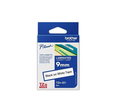 Brother TZe-221 9mm black on white laminated tape cassette packaging and cartridge