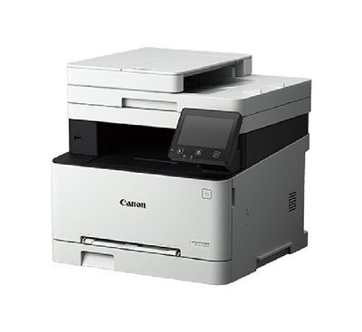 Canon MF643Cdw laser printer showing 50-sheet auto document feeder and 250-sheet paper cassette