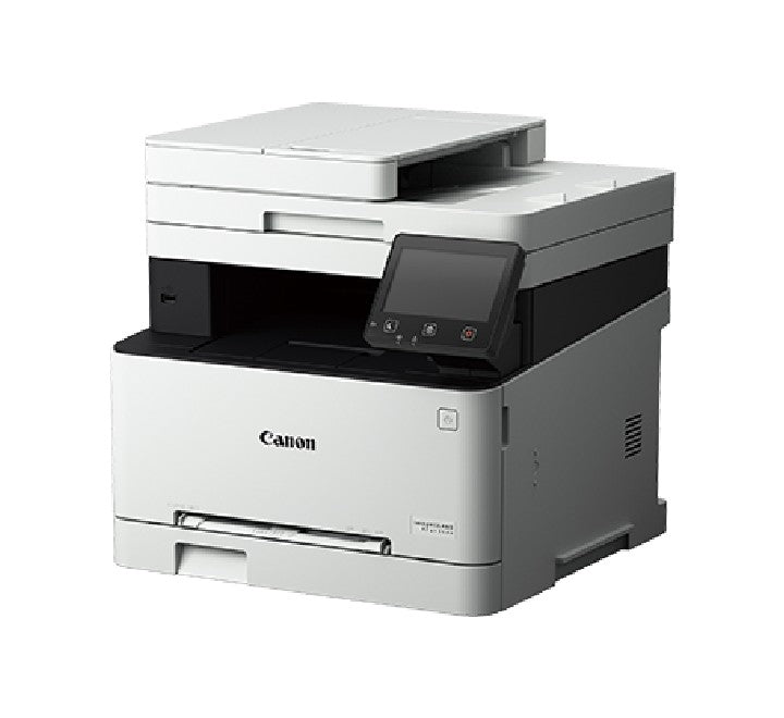 Canon MF643Cdw laser printer showing 50-sheet auto document feeder and 250-sheet paper cassette