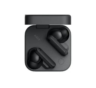 CMF by Nothing Buds 2 true wireless earbuds in industrial Dark Grey sitting flat inside their custom case.