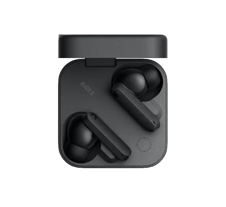 CMF by Nothing Buds 2 true wireless earbuds in industrial Dark Grey sitting flat inside their custom case.