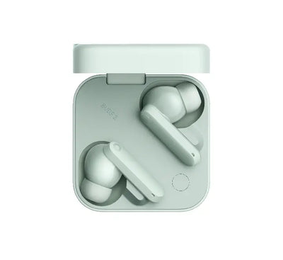 CMF by Nothing Buds 2 true wireless earbuds in pastel Light Green showing the matching square charging case and Smart Dial wheel.