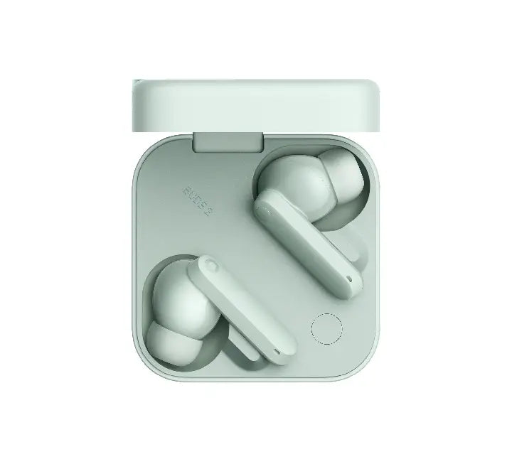 CMF by Nothing Buds 2 true wireless earbuds in pastel Light Green showing the matching square charging case and Smart Dial wheel.