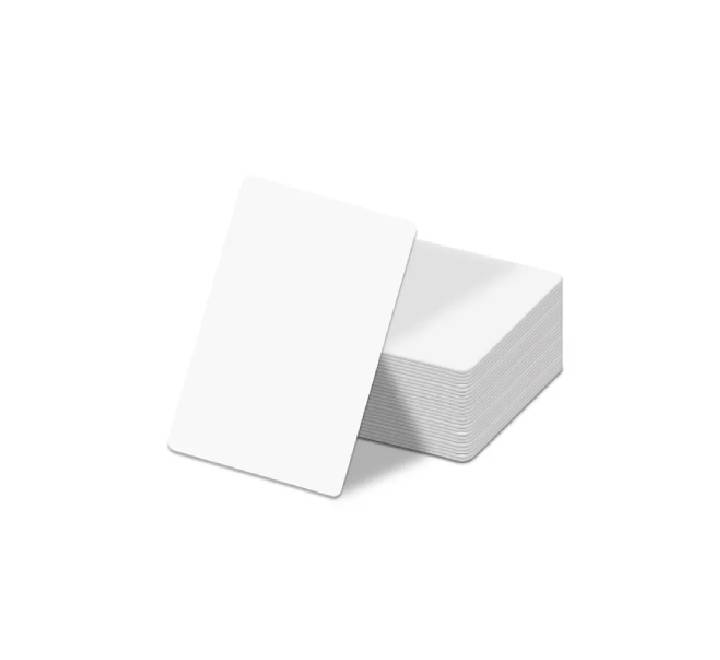 Close-up of CR80 standard 30-mil thickness white plastic card surface
