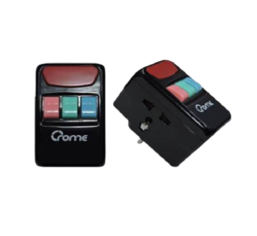 Front view of the Crome Universal Socket G134 showing universal plug ports and switch layout.