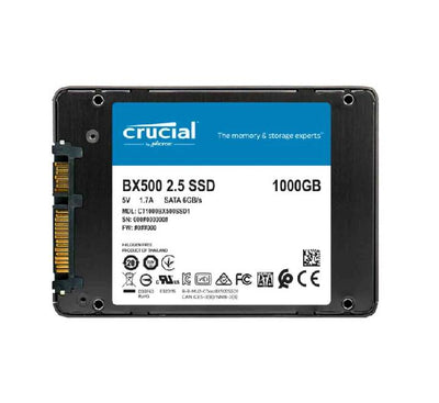 Close-up angle of the Crucial BX500 1TB internal solid state drive showcasing its standard 7mm form factor and rear connection pins.