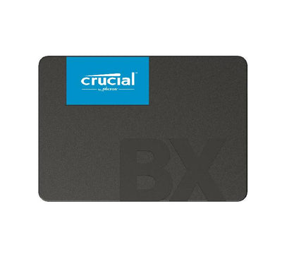 Crucial BX500 240GB 2.5 inch internal SATA solid state drive showing the dark gray textured case with the blue Crucial logo banner.
