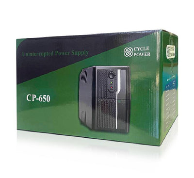 Rear panel of Cycle Power CP-650 UPS showing power outlets and surge protection ports