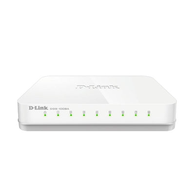 D-Link DGS-1008A 8-Port Gigabit Unmanaged Desktop Switch front LED view.