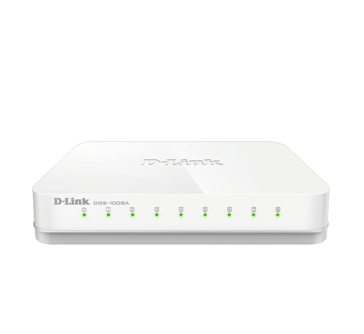 D-Link DGS-1008A 8-Port Gigabit Unmanaged Desktop Switch front LED view.