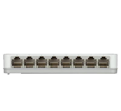 Rear view of D-Link 8-port gigabit switch showing Ethernet ports and power jack.