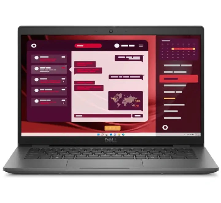 Front view of the 14 inch Dell Latitude 3450 business laptop model SNS3450053 open and displaying the Windows 11 Pro desktop environment.