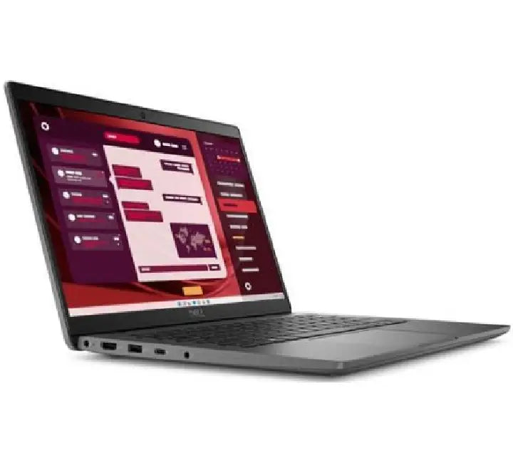 Close up view of the open Dell Latitude 3450 workspace featuring the Thai and English backlit keyboard, spacious precision touchpad, and integrated power button.