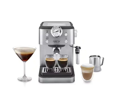 De'Longhi Classic EM450.M manual pump espresso coffee machine in full stainless steel finish with portafilter attached.
