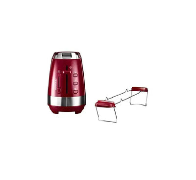 De'Longhi CTLA 3103.R red toaster shown with its integrated top bun warming rack heating up fresh croissants.