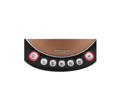 Close-up of the De'Longhi Distinta digital base panel showing temperature settings from 75 to 100 degrees Celsius and keep warm buttons.