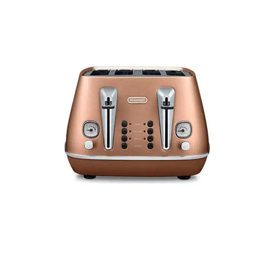 De'Longhi Distinta CTI 4003.CP 4-slice toaster in premium matte metallic Style Copper finish with elegant chrome accents.