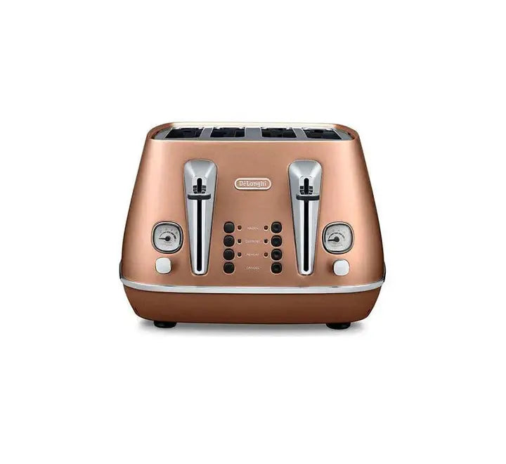 De'Longhi Distinta CTI 4003.CP 4-slice toaster in premium matte metallic Style Copper finish with elegant chrome accents.