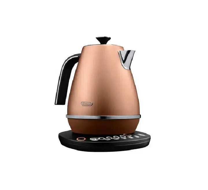 De'Longhi Distinta digital electric kettle in style copper (model KBI 2011.CP) on its temperature control base, front view.