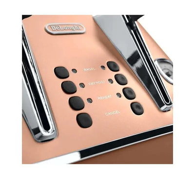 Rear view panel of the De'Longhi CTI 4003.CP toaster highlighting its two fully removable stainless steel crumb collection trays.