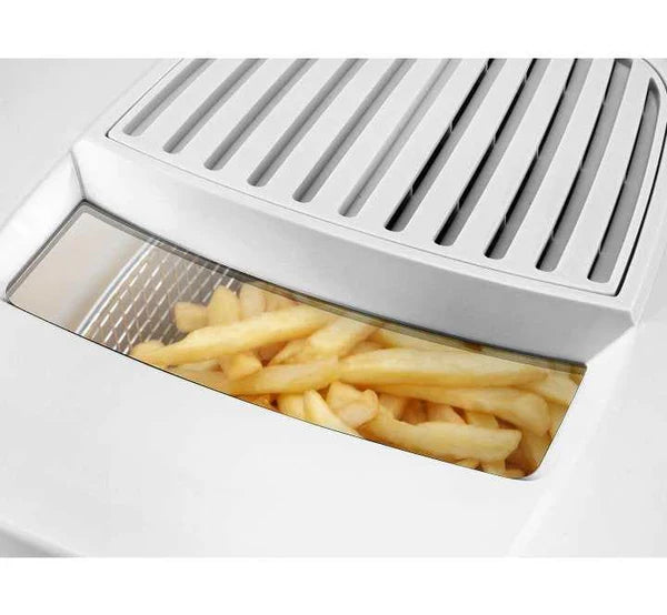 Interior configuration of the De'Longhi F13205 fryer showing its 0.7 kg rectangular frying basket and high-durability aluminated inner bowl.