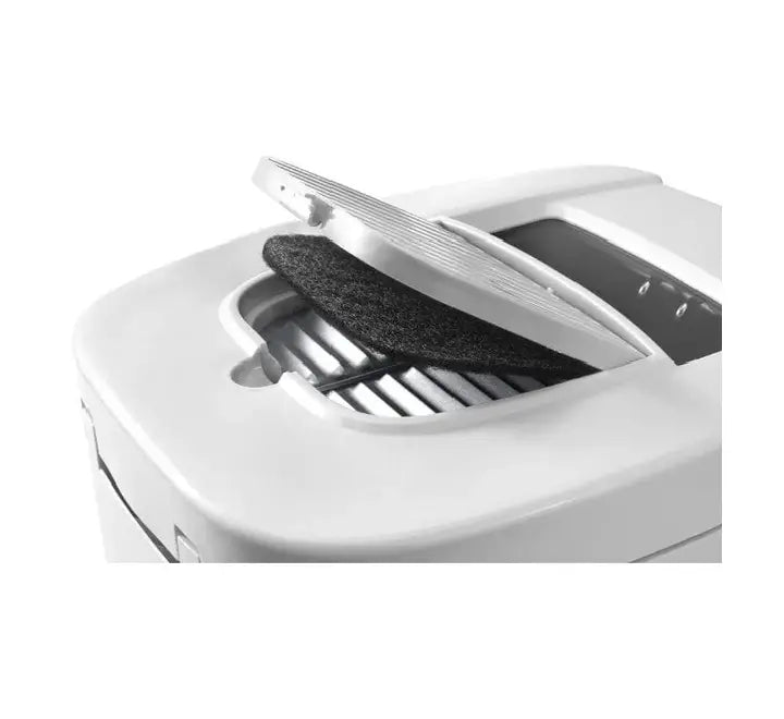Close-up shot of the front face temperature slider and ready indicator light on the white De'Longhi F13205 total clean deep fryer.