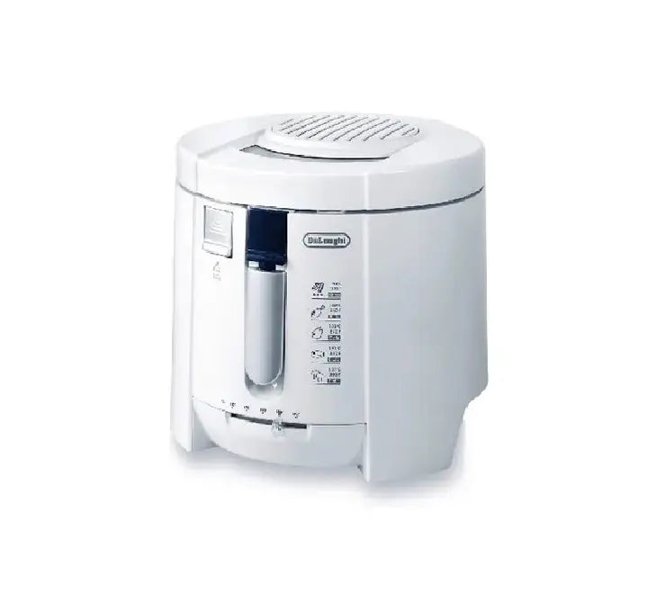 Interior view of De'Longhi F26215 white deep fryer showing the non-stick Teflon bowl and the removable frying basket with its foldable handle.
