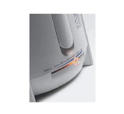 Side view highlighting the premium plastic cool-touch external walls and sleek Italian design of the De'Longhi F26215 fryer.
