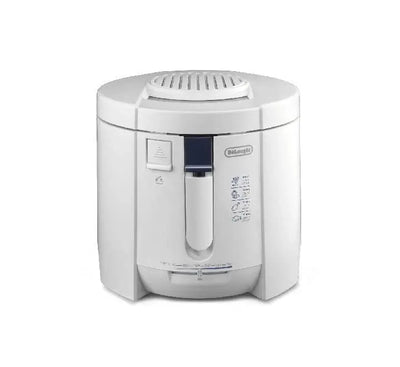 De'Longhi F26215.W1 Traditional Deep Fryer in white with closed lid showing the viewing window on a clean kitchen countertop.