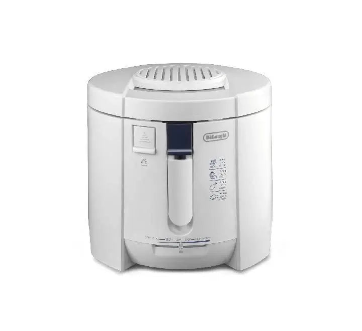 De'Longhi F26215.W1 Traditional Deep Fryer in white with closed lid showing the viewing window on a clean kitchen countertop.