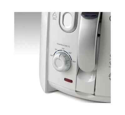Internal view showcasing the patented tilted rotating round basket configuration inside the De'Longhi F 28211 fryer.