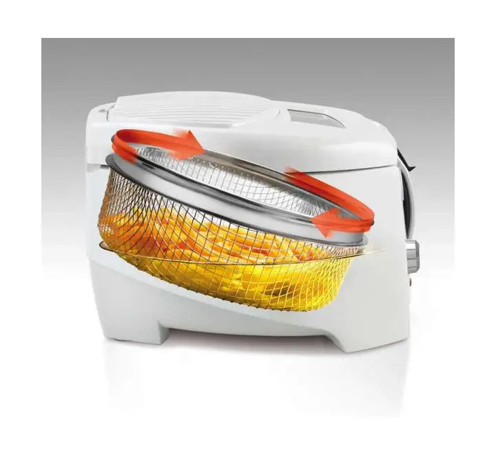 Close-up view of the smooth adjustable thermostat slider and ready indicator light panel on the base of the white De'Longhi F28311.EX:1 fryer.