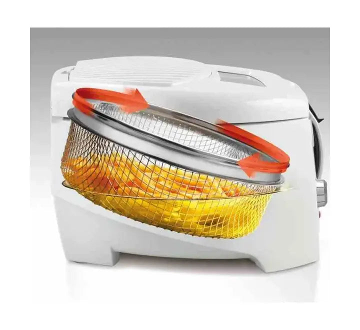 Detailed view of the temperature adjustment slider and ready light indicator on the front base of the white De'Longhi F28311 fryer.