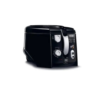 Interior view of the black De'Longhi F28313.BK fryer showcasing the patented angled RotoFry rotating basket designed to use 50 percent less oil.