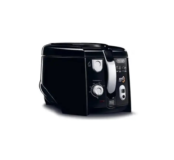 Interior view of the black De'Longhi F28313.BK fryer showcasing the patented angled RotoFry rotating basket designed to use 50 percent less oil.