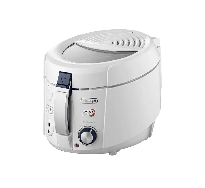 Internal view showcasing the patented tilted rotating basket configuration inside the De'Longhi F38233 deep fryer.