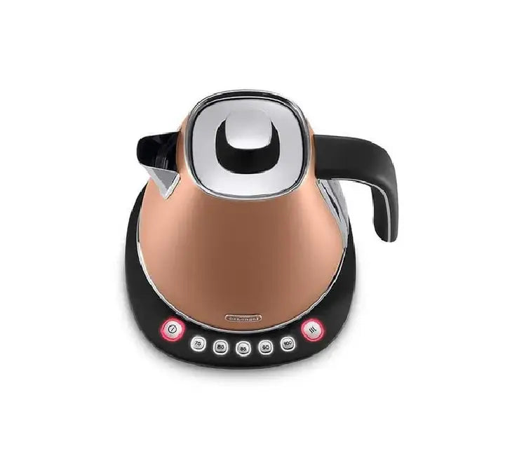 Side profile of De'Longhi Distinta style copper kettle showing the transparent rear water level indicator and chrome handle.