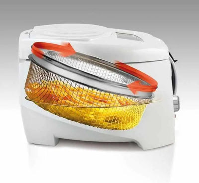 Top-down angle highlighting the panoramic viewing window, anti-odor filter mesh, and external basket handle on the De'Longhi RotoFry.