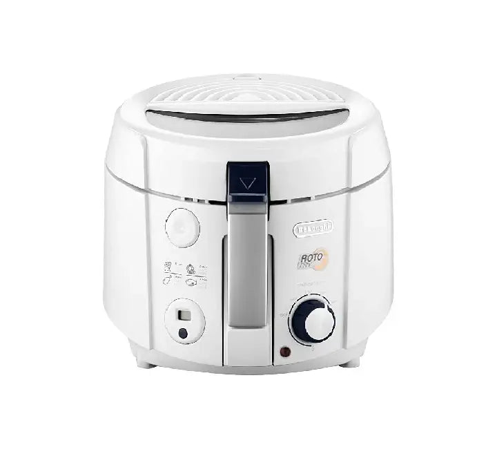Front view of the white De'Longhi F38233 Roto Fryer appliance highlighting its digital LCD timer display panel.