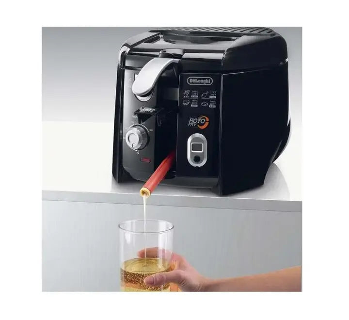 Front close-up of the De'Longhi RotoFry F28313 black model showing the integrated oil drainage spout draining oil cleanly into a container.