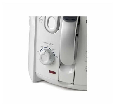 Close-up shot of the front face controls on the white De'Longhi F28211.W1 fryer highlighting its adjustable temperature thermostat and power status indicator light.