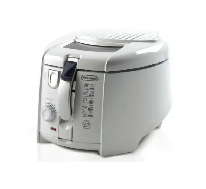 Front view of the compact white De'Longhi RotoFry F 28211.EX:1 deep fryer featuring the thermostat controls and lid release button.