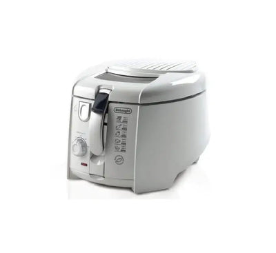 De'Longhi RotoFry F28211.W1 EX:1 traditional deep fryer in white featuring its classic round design, clear viewing window, and easy-to-use dial interface.