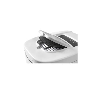 Front view panel of the De'Longhi F28311.EX:1 fryer highlighting the open built-in Easy Clean front drainage hose system for mess-free oil disposal.