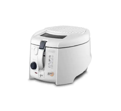 Interior view of the De'Longhi F28311 deep fryer showing the patented tilted rotating basket design that cuts oil use by 50 percent.