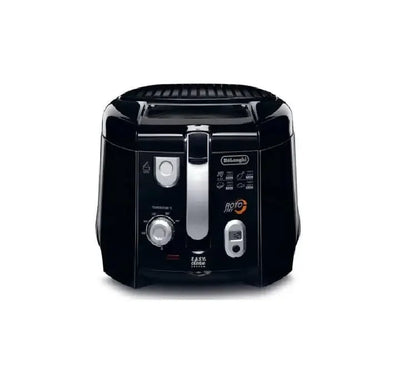 De'Longhi RotoFry F28313.BK deep fryer in premium matte black finish featuring a top viewing window, lid release button, and front oil drain panel.