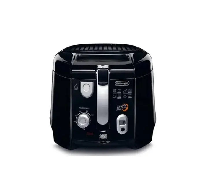 De'Longhi RotoFry F28313.BK deep fryer in premium matte black finish featuring a top viewing window, lid release button, and front oil drain panel.