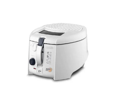 De'Longhi Total Clean F13205 compact electric deep fryer in white featuring a sleek square body style, front lid release switch, and panorama window.