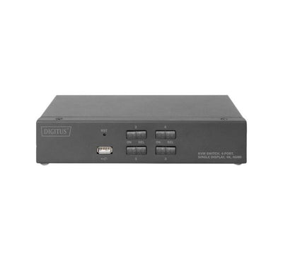 Digitus 4-Port 4K HDMI KVM Switch (DS-12880) front panel view with status LEDs and push buttons.