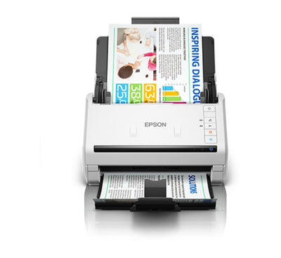 Epson DS-530 II scanner open trays loading a stack of multi-page invoices into the 50-sheet automatic document feeder